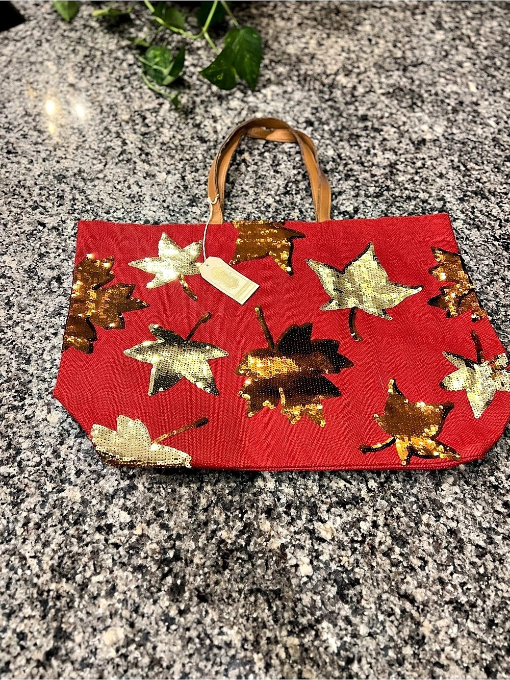 Mud Pie Sequin Leaf Tote in Red & Gold NWT